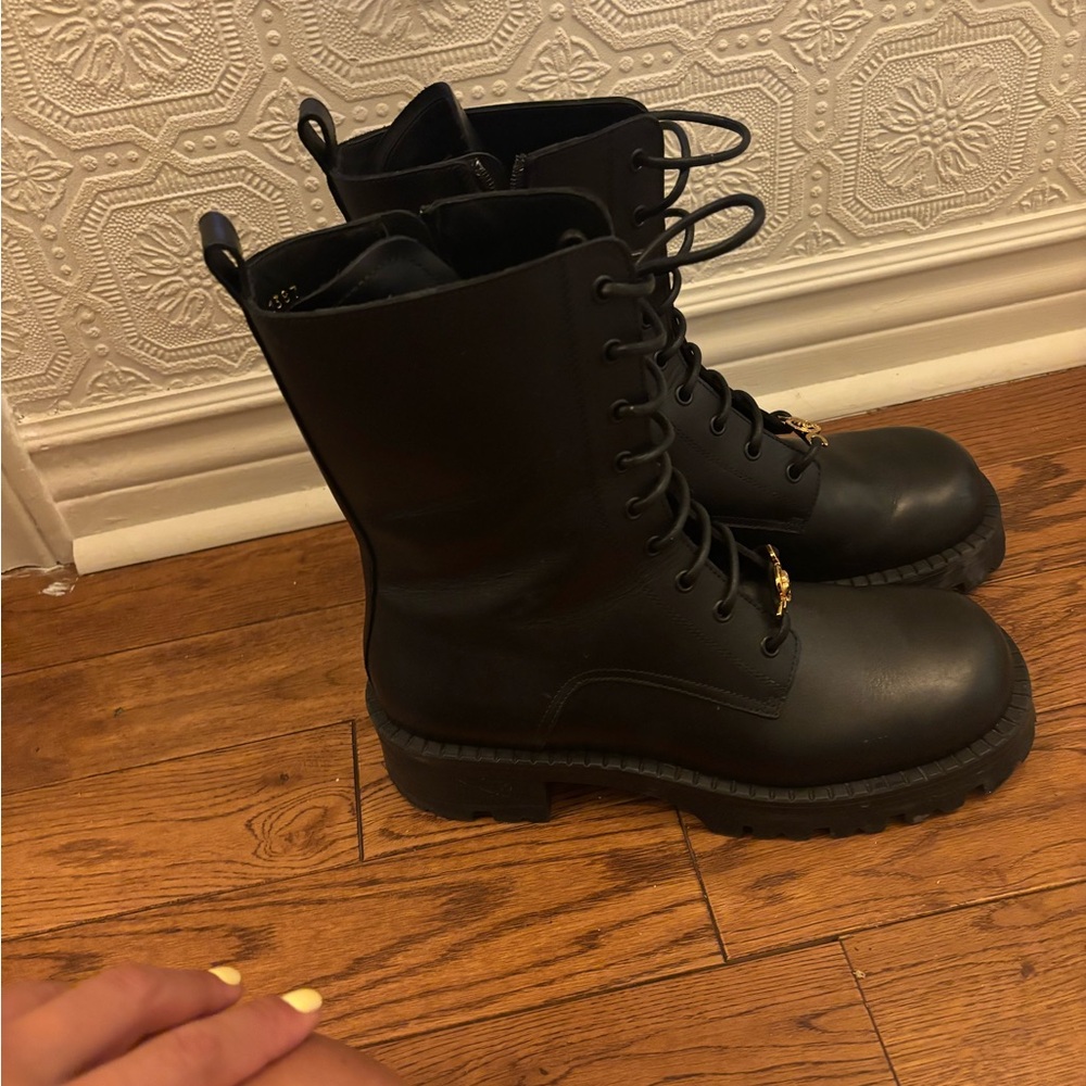Versace Black Combat Boots with Gold Medallion - Picture 3 of 4
